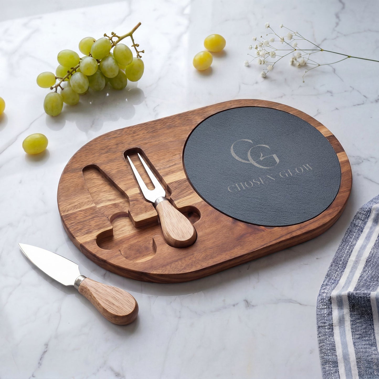 Chosen Glow Home Acacia Charcuterie Board with Slate Insert & Cheese Knives